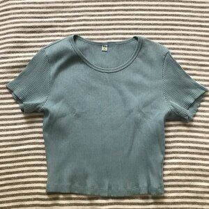 Ribbed Crew Neck Short-Sleeve Cropped T-Shirt, Blue